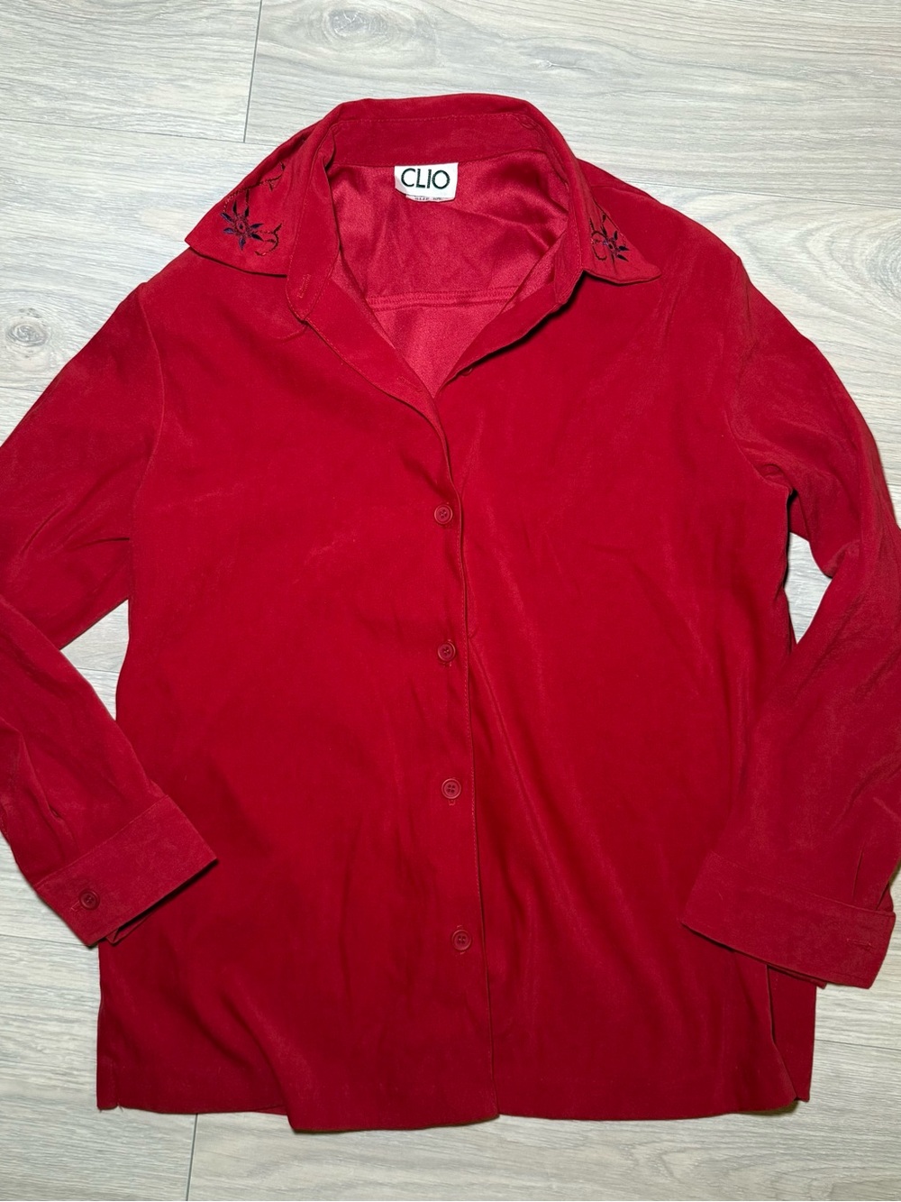 Clio Red Button-Down Shirt with Embroidered Collar Detail Made in USA